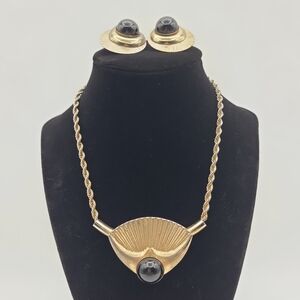 Vintage Gold Tone Statement Necklace & Earrings Set Black Cabochon Shell Fan
